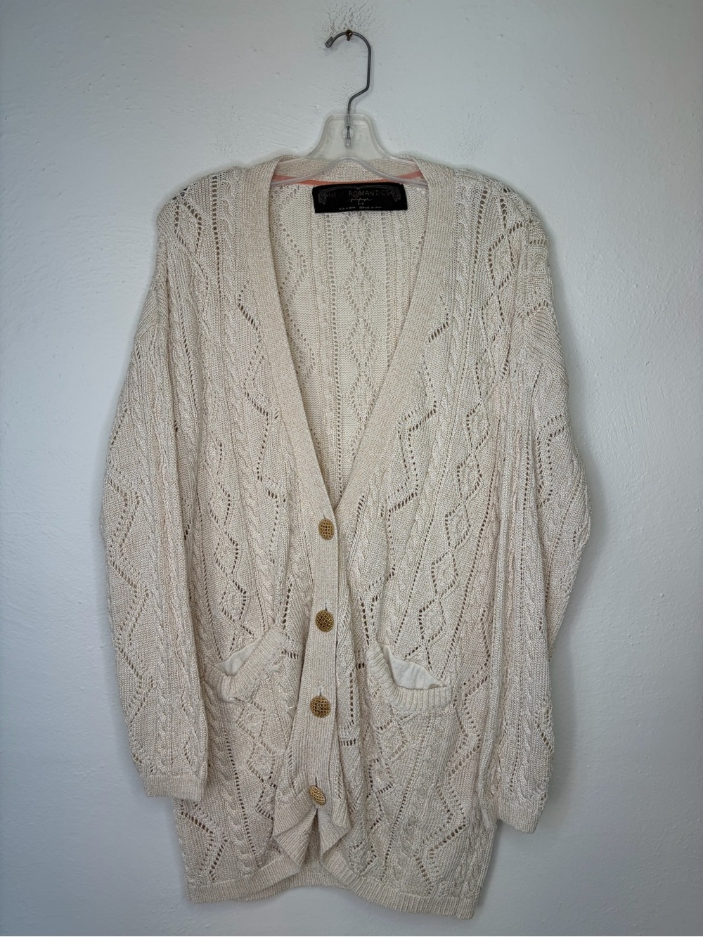 Free People Cream Open-Knit Button Front Cardigan
